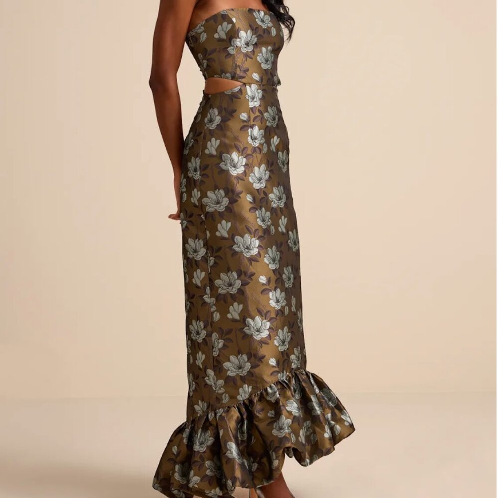 Lulus Nathania Olive Floral Jacquard Strapless Bubble-Hem Maxi Dress